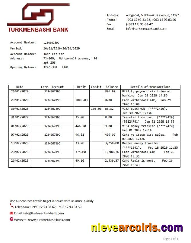 Turkmenistan Turkmenbashi Bank statement, Word and PDF format (.doc and .pdf)